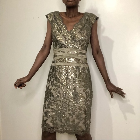 TADASHI SHOJI | Smoke Gold Illusion Lace Sequin Sheath Dress - Picture 2 of 7